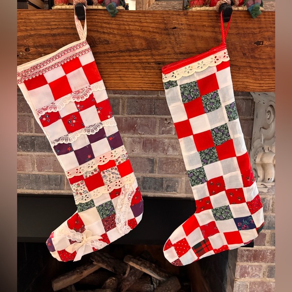 Other - Set of 2 Quilted Patchwork Granny Square Vintage Stockings Christmas Cottage Cor